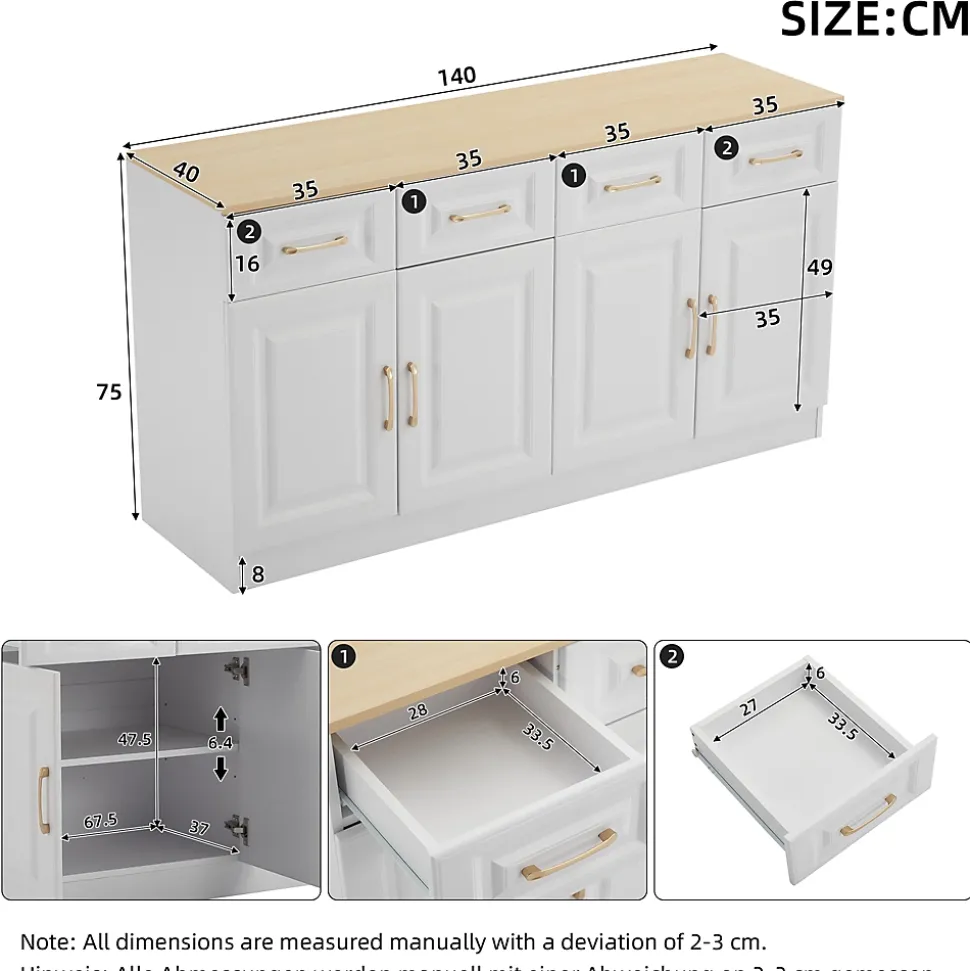 Buffet de Cuisine Bar avec 4 Tiroirs et 4 Portes Coulissantes, Rangement Style Ferme Moderne, Blanc et Chêne - 140x40x75 cm