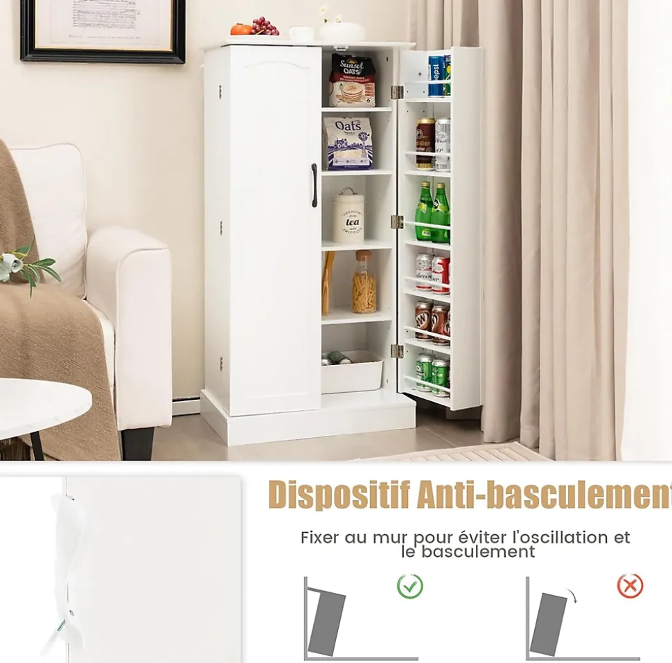 Buffet de Cuisine Bas 60x40x120CM-1 Etagère à 5 Niveaux et 2 Portes à 12 Etagères,Blanc