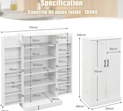 Buffet de Cuisine Bas 60x40x120CM-1 Etagère à 5 Niveaux et 2 Portes à 12 Etagères,Blanc