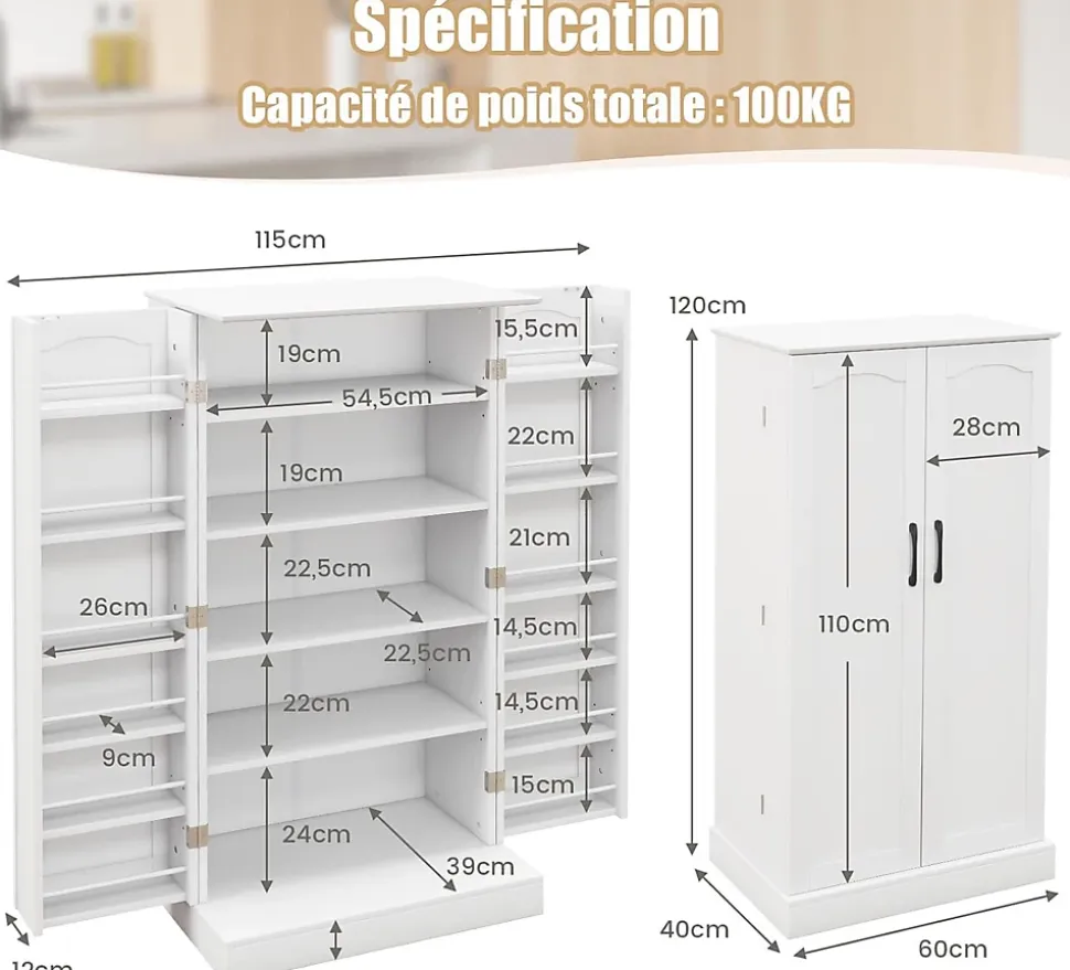 Buffet de Cuisine Bas 60x40x120CM-1 Etagère à 5 Niveaux et 2 Portes à 12 Etagères,Blanc