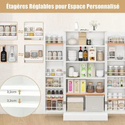 Buffet de Cuisine Bas 60x40x120CM-1 Etagère à 5 Niveaux et 2 Portes à 12 Etagères,Blanc