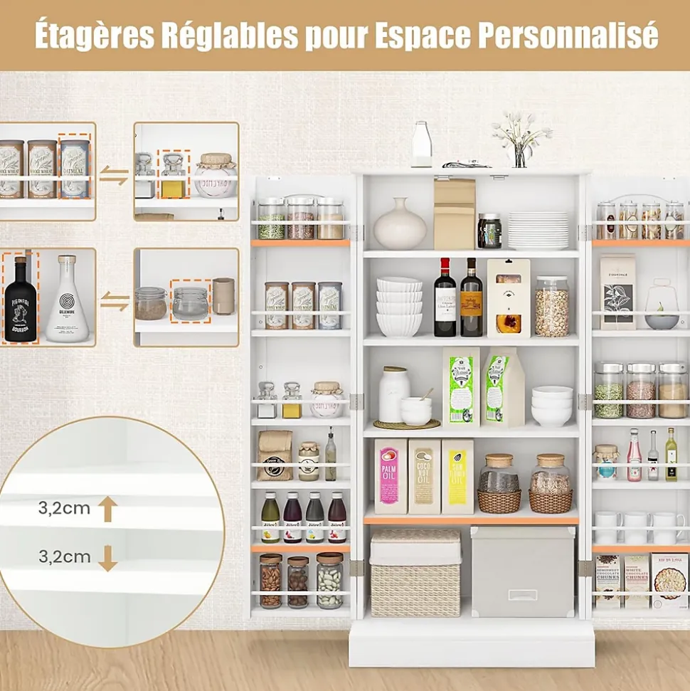 Buffet de Cuisine Bas 60x40x120CM-1 Etagère à 5 Niveaux et 2 Portes à 12 Etagères,Blanc