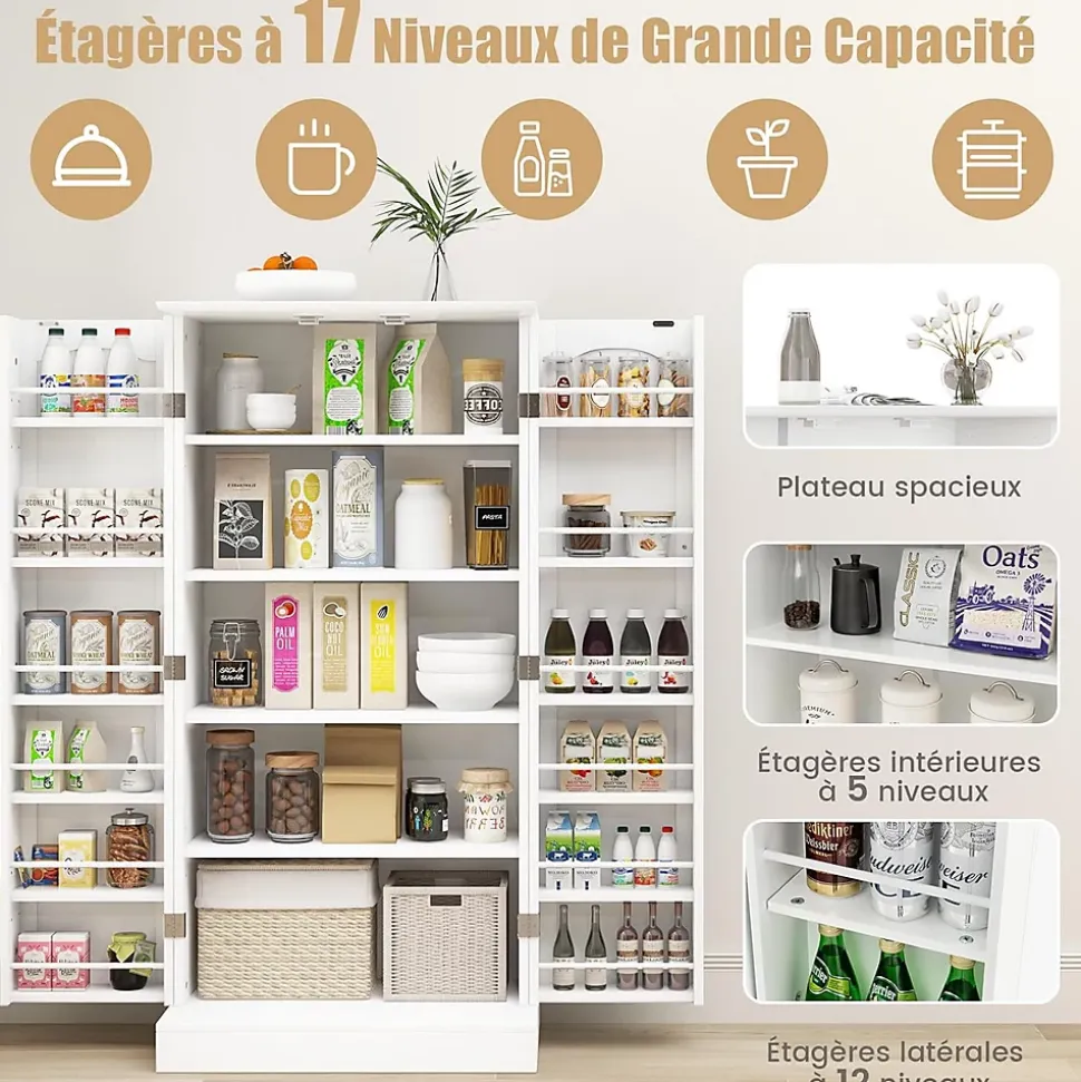 Buffet de Cuisine Bas 60x40x120CM-1 Etagère à 5 Niveaux et 2 Portes à 12 Etagères,Blanc