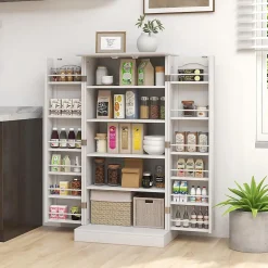 Buffet de Cuisine Bas 60x40x120CM-1 Etagère à 5 Niveaux et 2 Portes à 12 Etagères,Blanc
