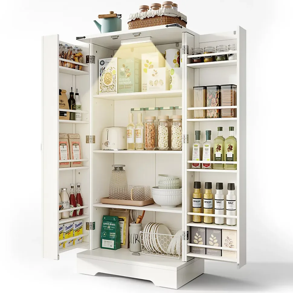 Buffet de cuisine blanc 128,5 cm, LED, 2 portes battantes, étagères réglables, pratique pour salle a manger ou salon