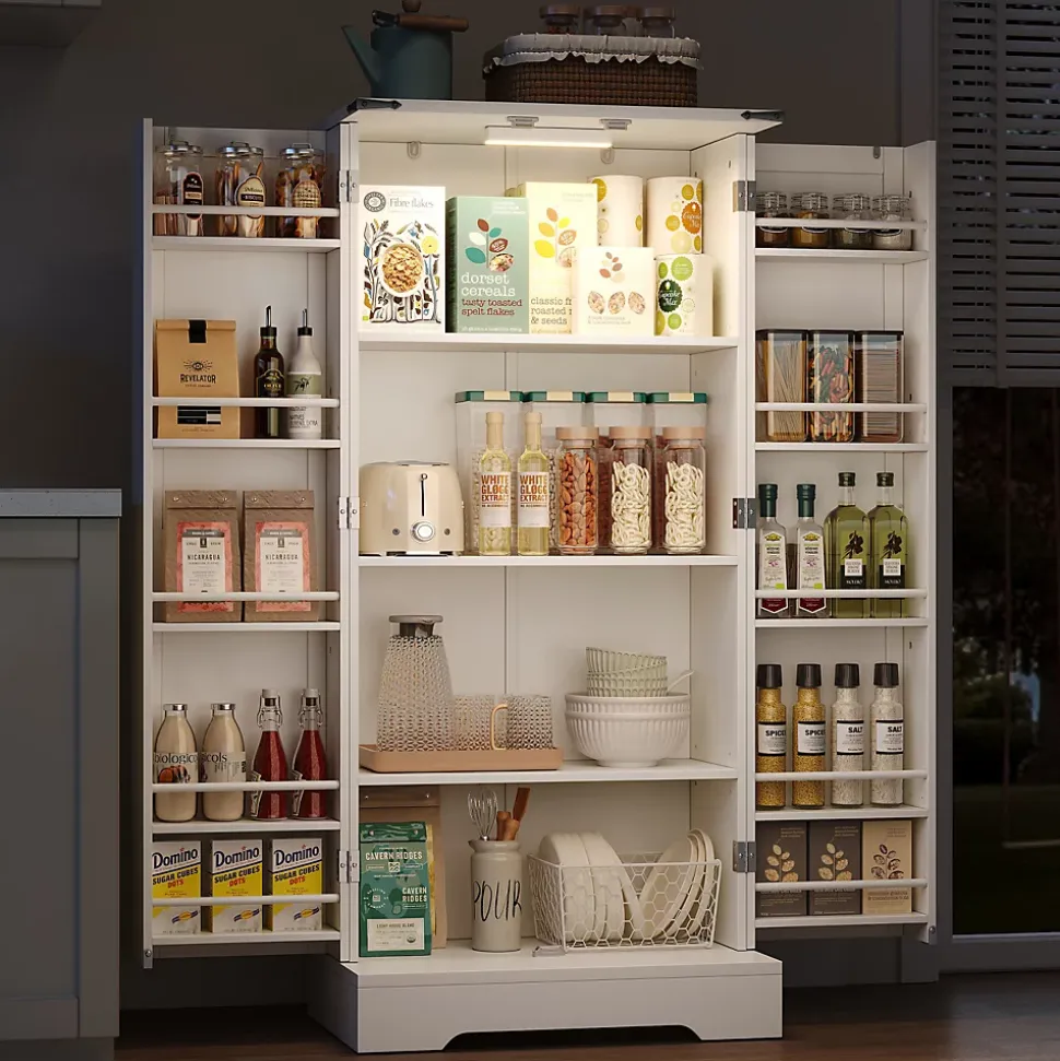 Buffet de cuisine blanc 128,5 cm, LED, 2 portes battantes, étagères réglables, pratique pour salle a manger ou salon