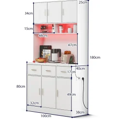 Buffet de Cuisine Haut - Vaisselier avec LED Multicolores et Contrôle Via Application, 6 Portes et 3 Tiroirs, Blanc, 100x40x180 cm
