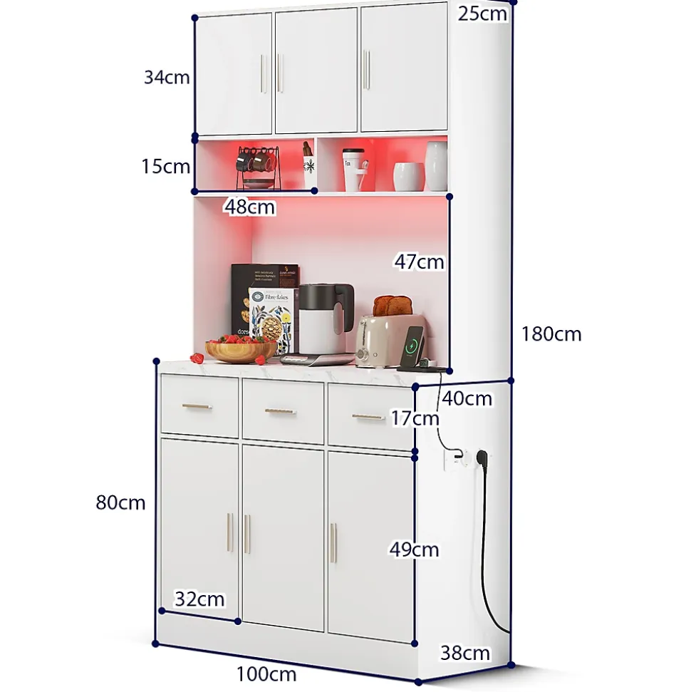 Buffet de Cuisine Haut - Vaisselier avec LED Multicolores et Contrôle Via Application, 6 Portes et 3 Tiroirs, Blanc, 100x40x180 cm