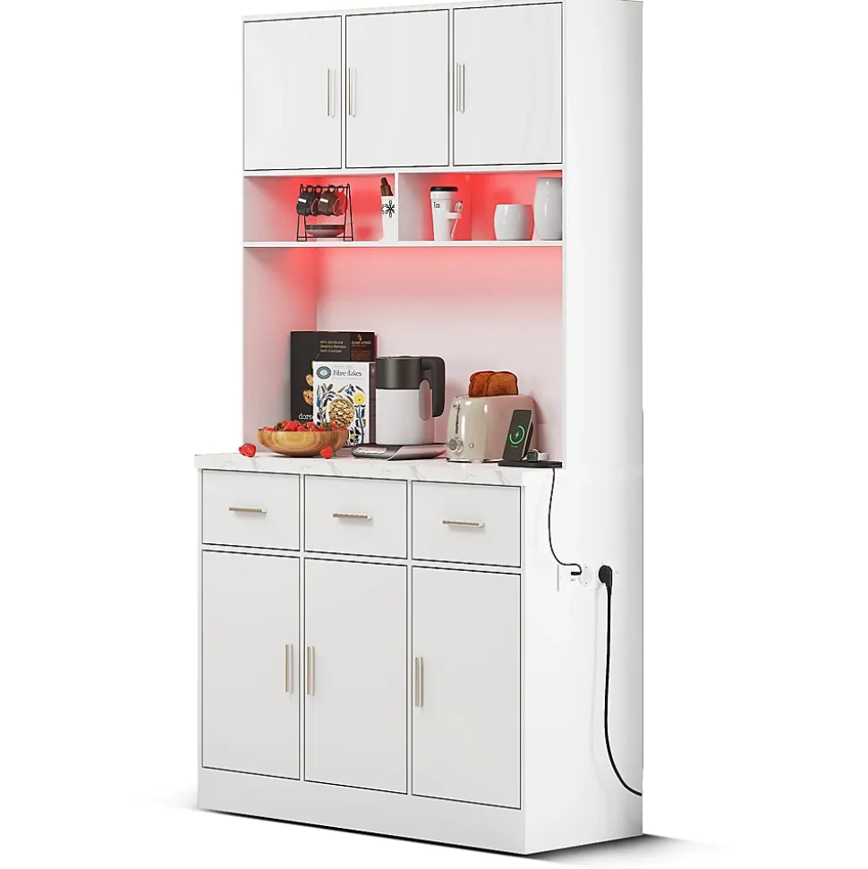 Buffet de Cuisine Haut - Vaisselier avec LED Multicolores et Contrôle Via Application, 6 Portes et 3 Tiroirs, Blanc, 100x40x180 cm