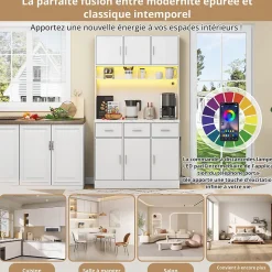 Buffet de Cuisine Haut - Vaisselier avec LED Multicolores et Contrôle Via Application, 6 Portes et 3 Tiroirs, Blanc, 100x40x180 cm