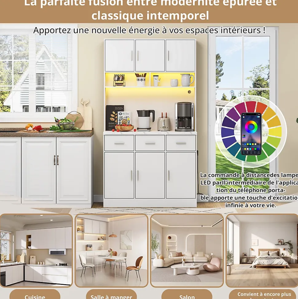 Buffet de Cuisine Haut - Vaisselier avec LED Multicolores et Contrôle Via Application, 6 Portes et 3 Tiroirs, Blanc, 100x40x180 cm