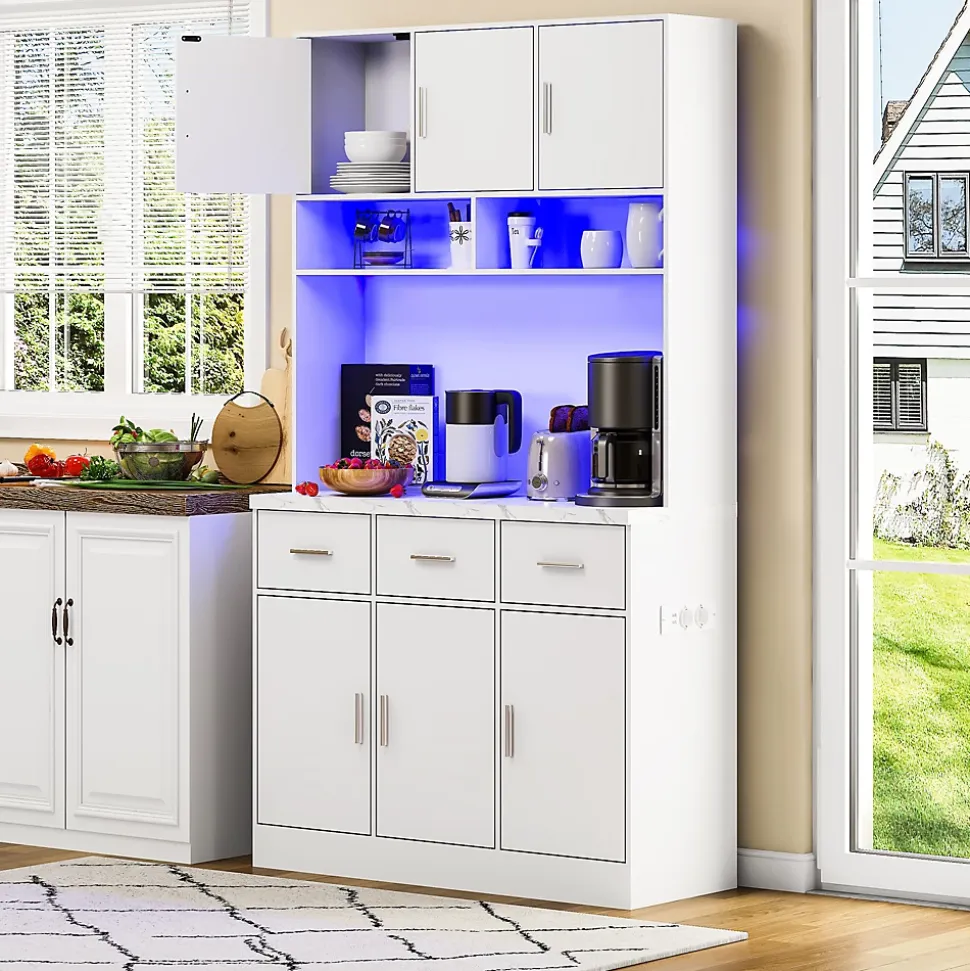 Buffet de Cuisine Haut - Vaisselier avec LED Multicolores et Contrôle Via Application, 6 Portes et 3 Tiroirs, Blanc, 100x40x180 cm