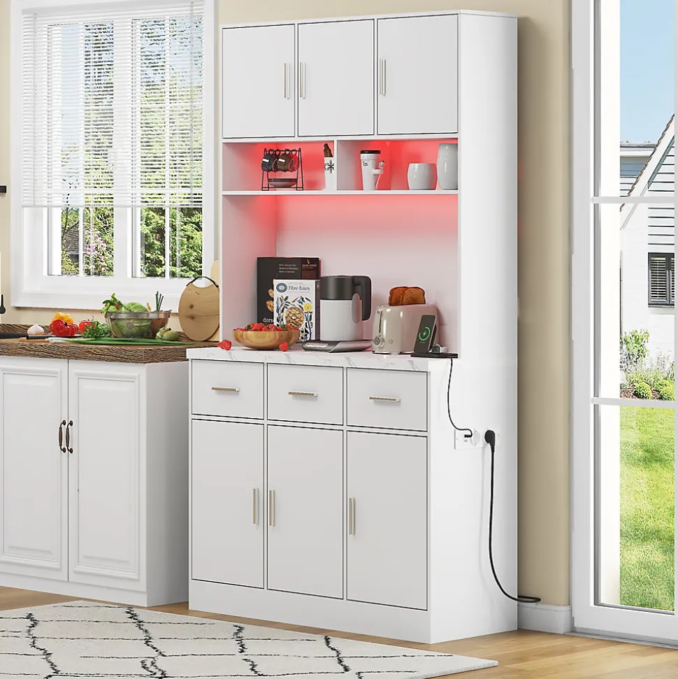 Buffet de Cuisine Haut - Vaisselier avec LED Multicolores et Contrôle Via Application, 6 Portes et 3 Tiroirs, Blanc, 100x40x180 cm