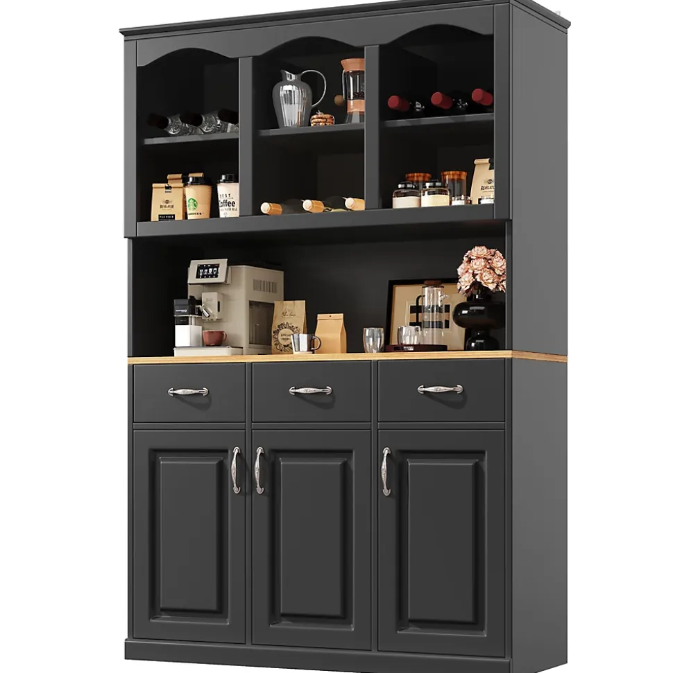 Buffet de Cuisine Haut avec Multiples Compartiments et Étagères Réglables pour Vaisselle et Snacks, MDF Noir 120x40x180 cm