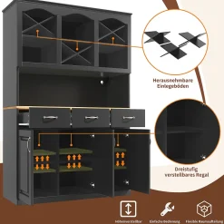 Buffet de Cuisine Haut avec Multiples Compartiments et Étagères Réglables pour Vaisselle et Snacks, MDF Noir 120x40x180 cm