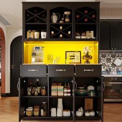 Buffet de Cuisine Haut avec Multiples Compartiments et Étagères Réglables pour Vaisselle et Snacks, MDF Noir 120x40x180 cm