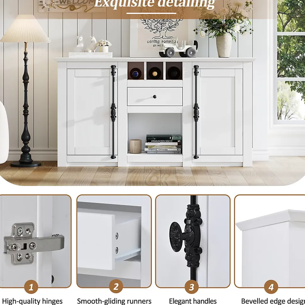 Buffet de Cuisine Moderne avec 2 Portes, 1 Tiroir et 3 Porte-Bouteilles, MDF + Panneaux de Particules, Blanc, 130x35x70 cm