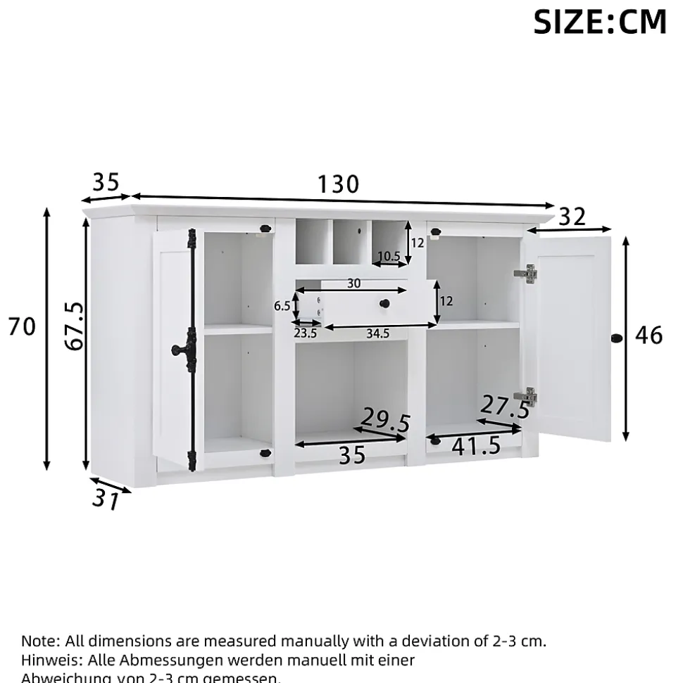 Buffet de Cuisine Moderne avec 2 Portes, 1 Tiroir et 3 Porte-Bouteilles, MDF + Panneaux de Particules, Blanc, 130x35x70 cm