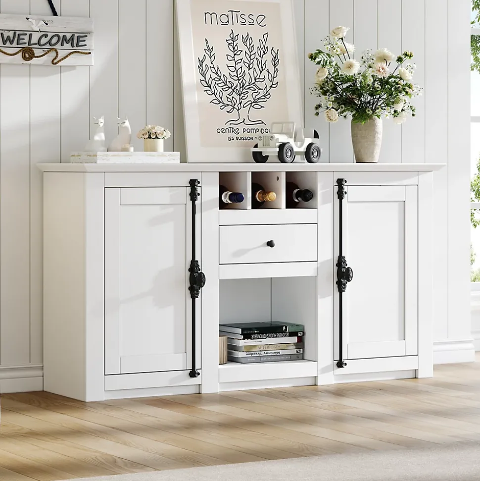 Buffet de Cuisine Moderne avec 2 Portes, 1 Tiroir et 3 Porte-Bouteilles, MDF + Panneaux de Particules, Blanc, 130x35x70 cm