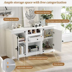 Buffet de Cuisine Moderne avec 2 Portes, 1 Tiroir et 3 Porte-Bouteilles, MDF + Panneaux de Particules, Blanc, 130x35x70 cm