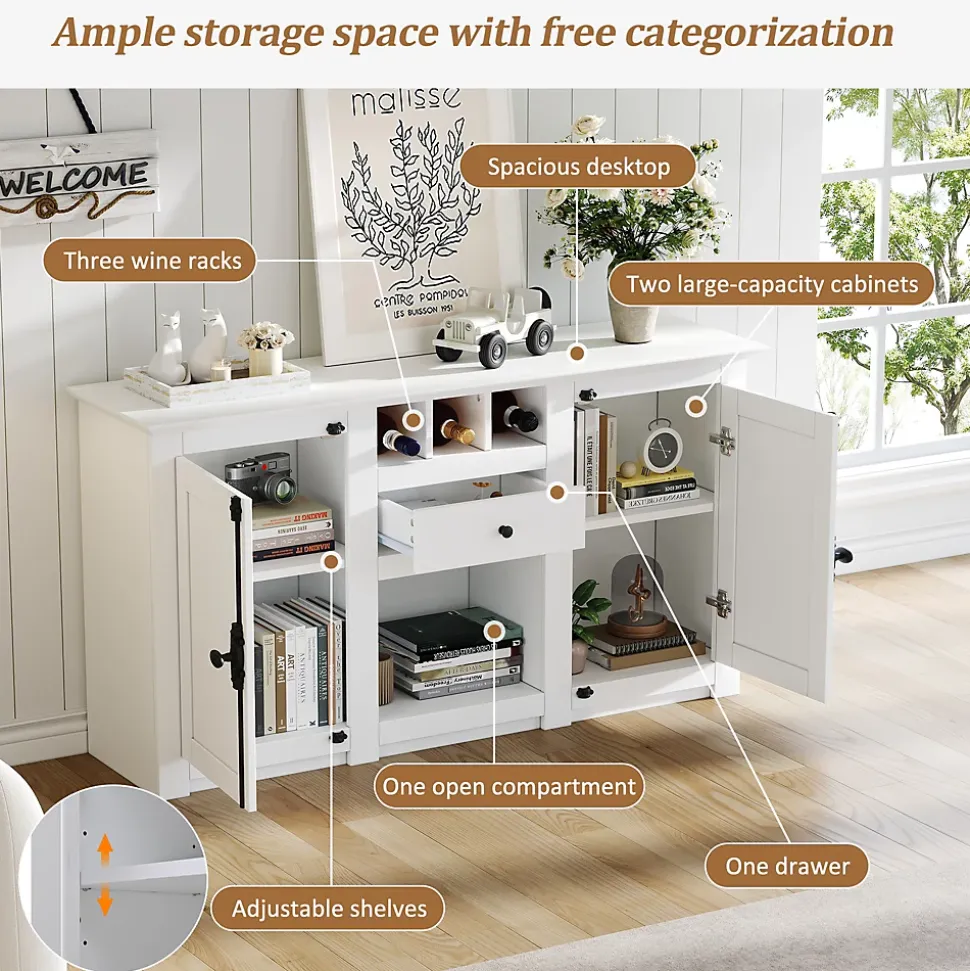 Buffet de Cuisine Moderne avec 2 Portes, 1 Tiroir et 3 Porte-Bouteilles, MDF + Panneaux de Particules, Blanc, 130x35x70 cm