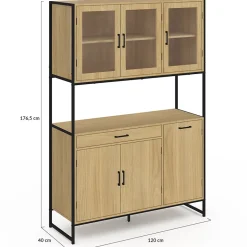 Buffet de cuisine vitré 120 CM DETROIT meuble vaisselier 6 portes design industriel + tiroir