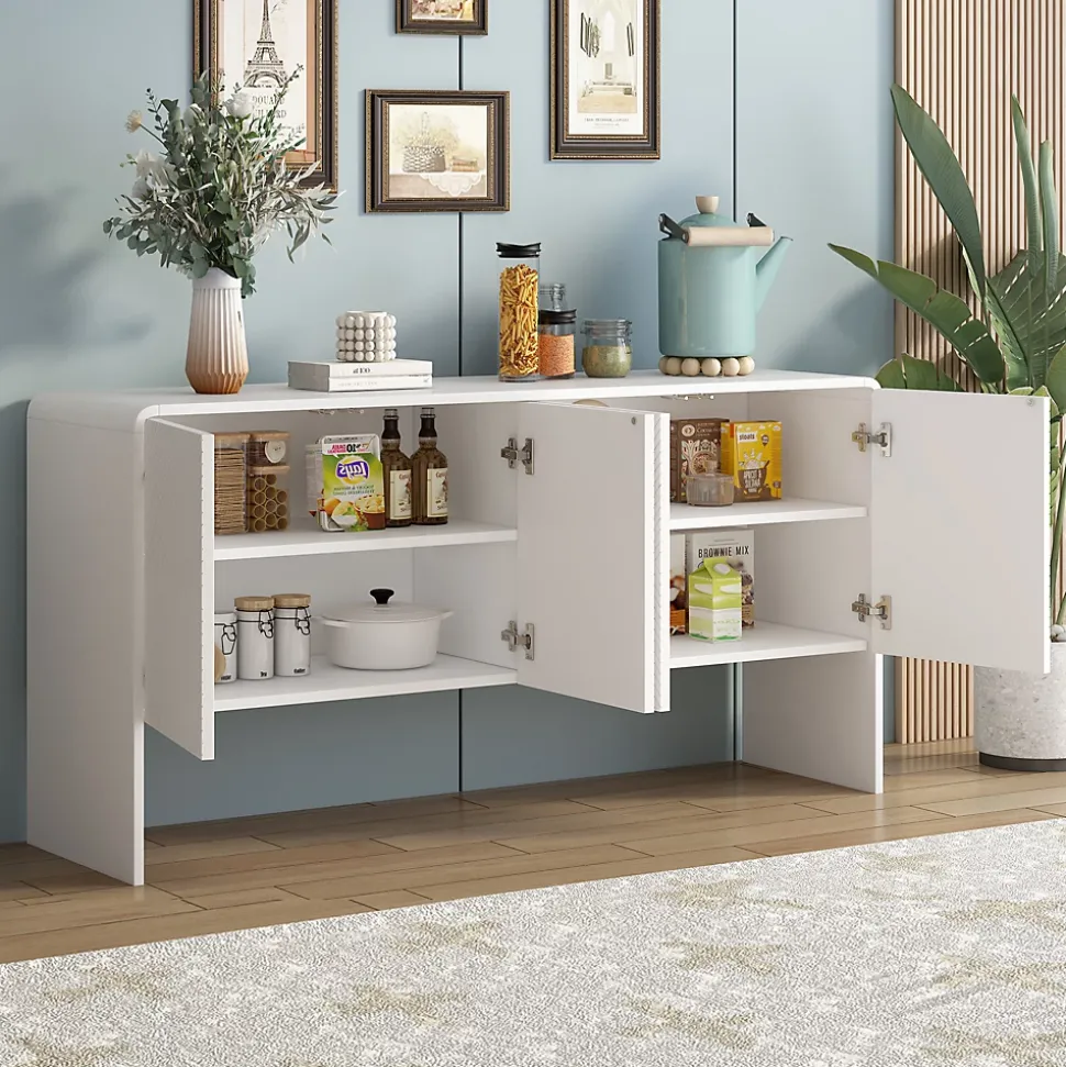 Buffet de Rangement 4 Portes avec Système Anti-Basculement, design Moderne et Minimaliste, Salon et entrée, Blanc, 152x40x76,5 cm