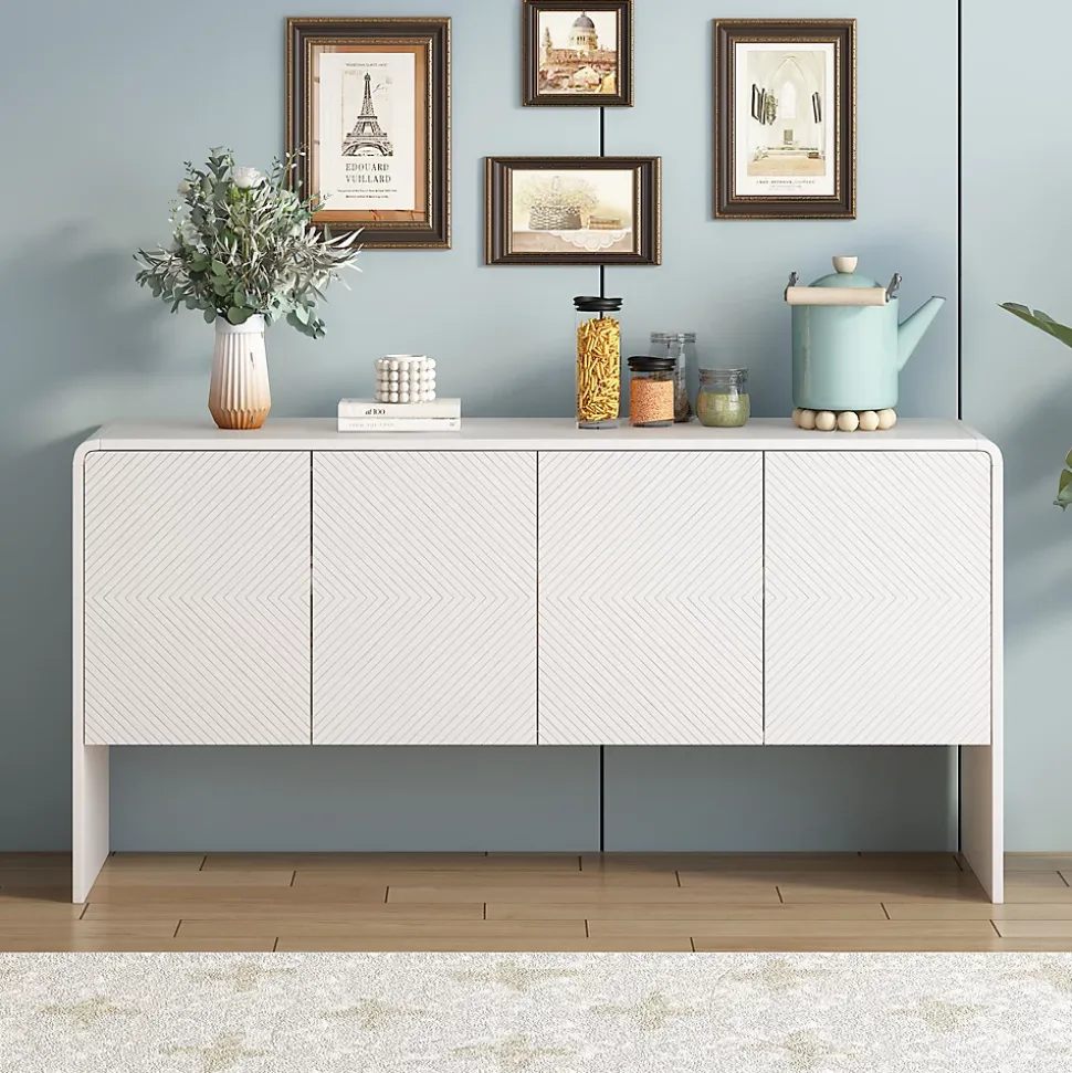 Buffet de Rangement 4 Portes avec Système Anti-Basculement, design Moderne et Minimaliste, Salon et entrée, Blanc, 152x40x76,5 cm