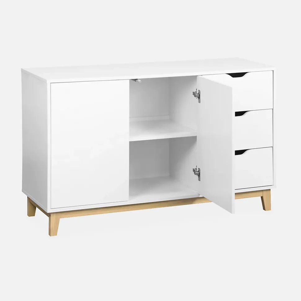 Buffet de rangement blanc. pieds bois - Floki - avec 3 tiroirs. buffet 2 portes. buffet bas. 120x40x75 cm