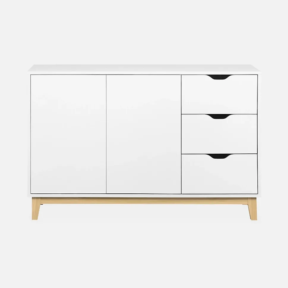 Buffet de rangement blanc. pieds bois - Floki - avec 3 tiroirs. buffet 2 portes. buffet bas. 120x40x75 cm