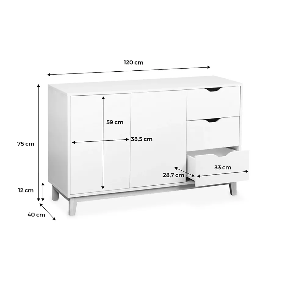 Buffet de rangement blanc. pieds bois - Floki - avec 3 tiroirs. buffet 2 portes. buffet bas. 120x40x75 cm