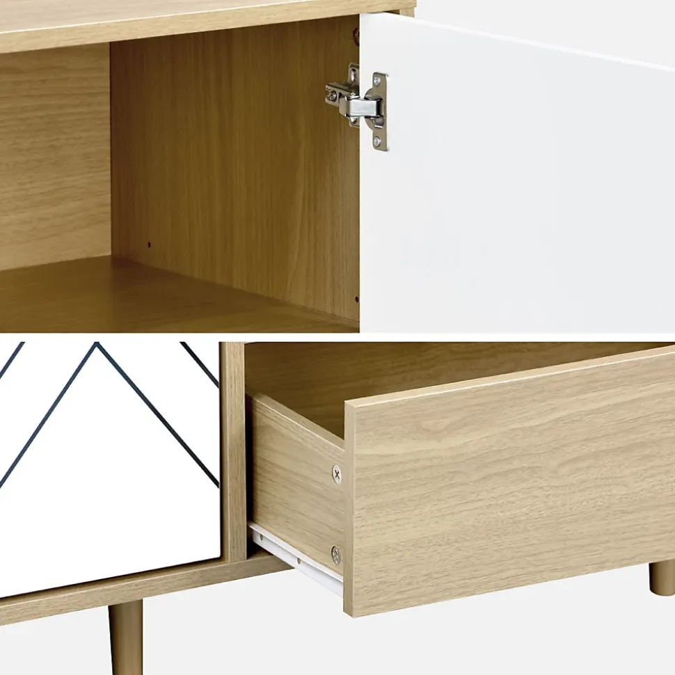 Buffet de rangement décor bois et blanc - Mika - 2 niveaux. 2 portes. 3 tiroirs. buffet bas. L 160 x l 40 x H 74cm