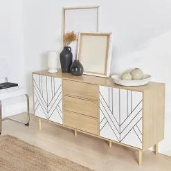 Buffet de rangement décor bois et blanc - Mika - 2 niveaux. 2 portes. 3 tiroirs. buffet bas. L 160 x l 40 x H 74cm
