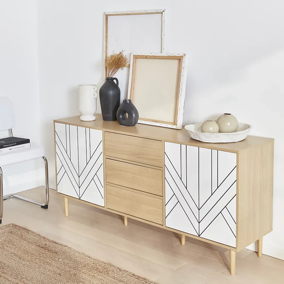 Buffet de rangement décor bois et blanc - Mika - 2 niveaux. 2 portes. 3 tiroirs. buffet bas. L 160 x l 40 x H 74cm