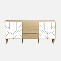 Buffet de rangement décor bois et blanc - Mika - 2 niveaux. 2 portes. 3 tiroirs. buffet bas. L 160 x l 40 x H 74cm