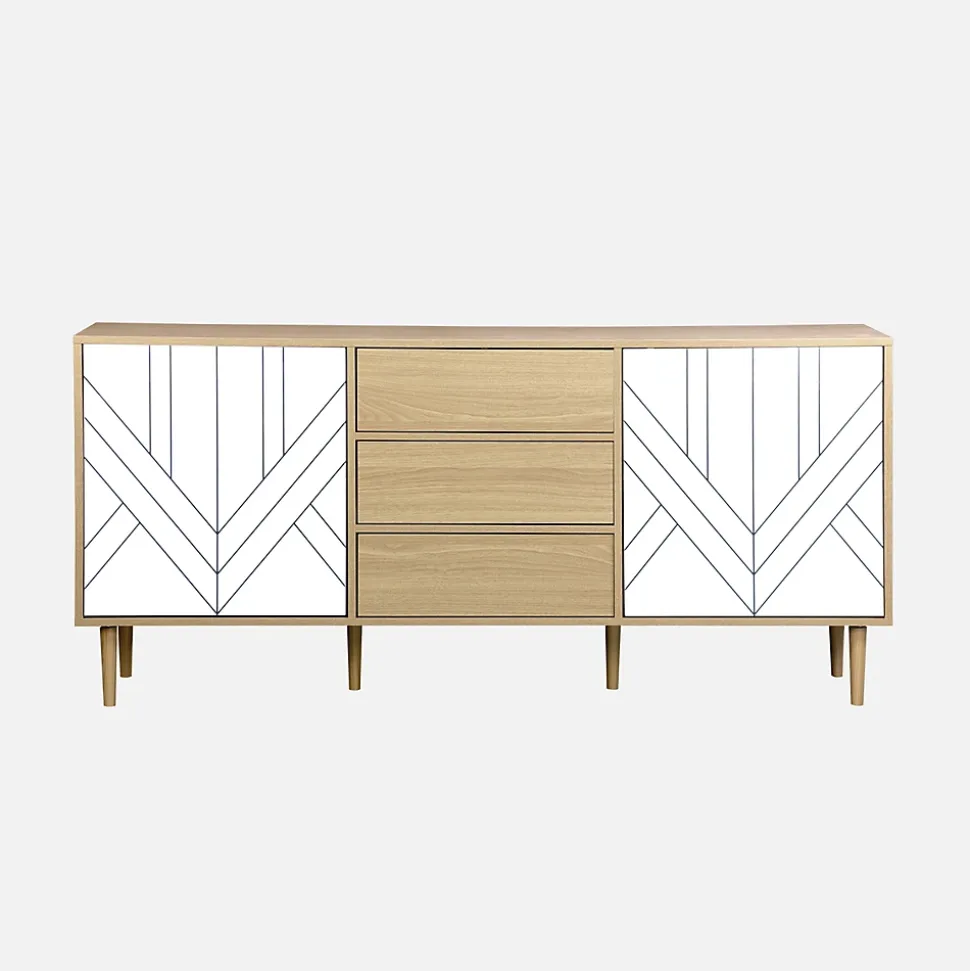 Buffet de rangement décor bois et blanc - Mika - 2 niveaux. 2 portes. 3 tiroirs. buffet bas. L 160 x l 40 x H 74cm