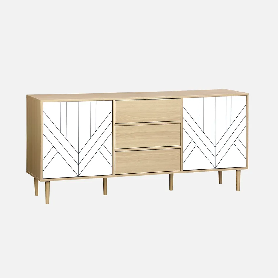 Buffet de rangement décor bois et blanc - Mika - 2 niveaux. 2 portes. 3 tiroirs. buffet bas. L 160 x l 40 x H 74cm