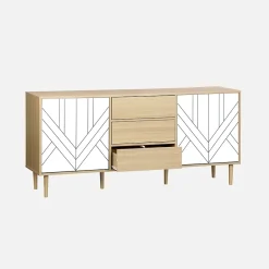 Buffet de rangement décor bois et blanc - Mika - 2 niveaux. 2 portes. 3 tiroirs. buffet bas. L 160 x l 40 x H 74cm