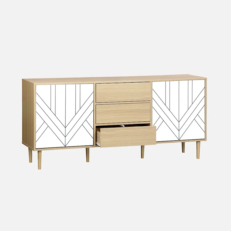 Buffet de rangement décor bois et blanc - Mika - 2 niveaux. 2 portes. 3 tiroirs. buffet bas. L 160 x l 40 x H 74cm