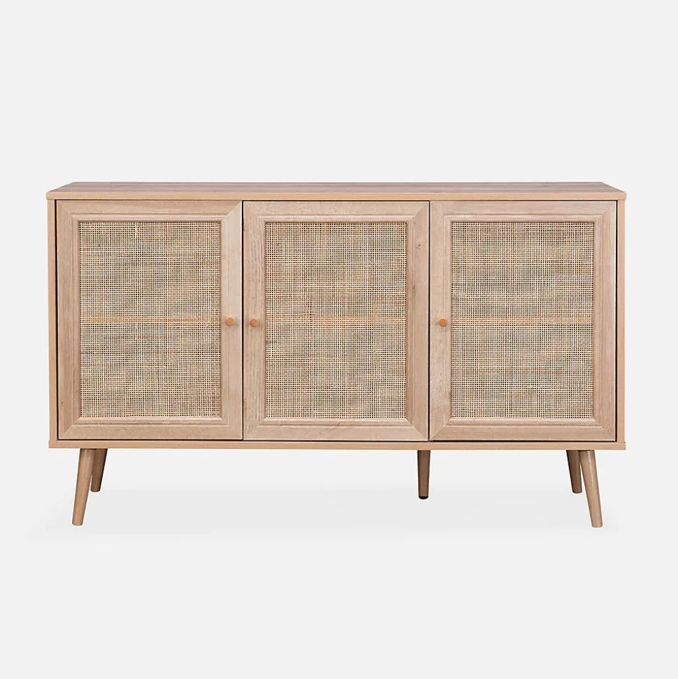 Buffet de rangement en cannage 120x39x70cm - Bohème - 2 niveaux. 3 portes. pieds scandinaves. buffet bas
