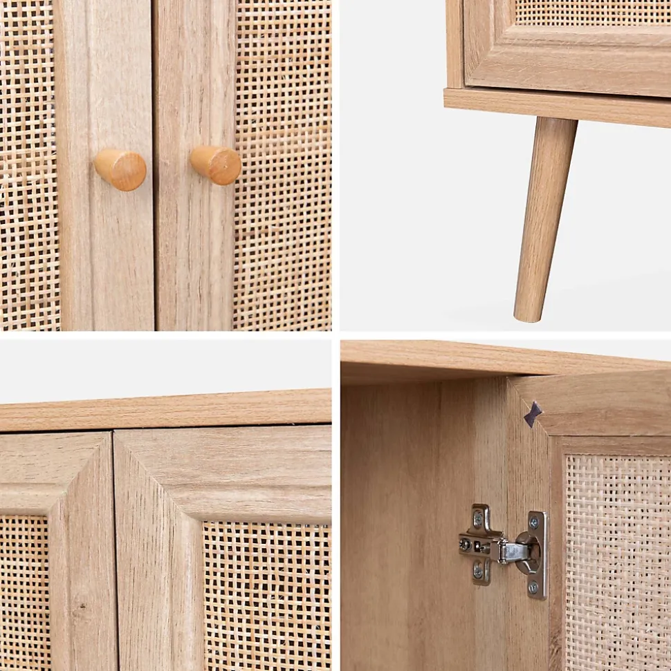 Buffet de rangement en cannage 120x39x70cm - Bohème - 2 niveaux. 3 portes. pieds scandinaves. buffet bas