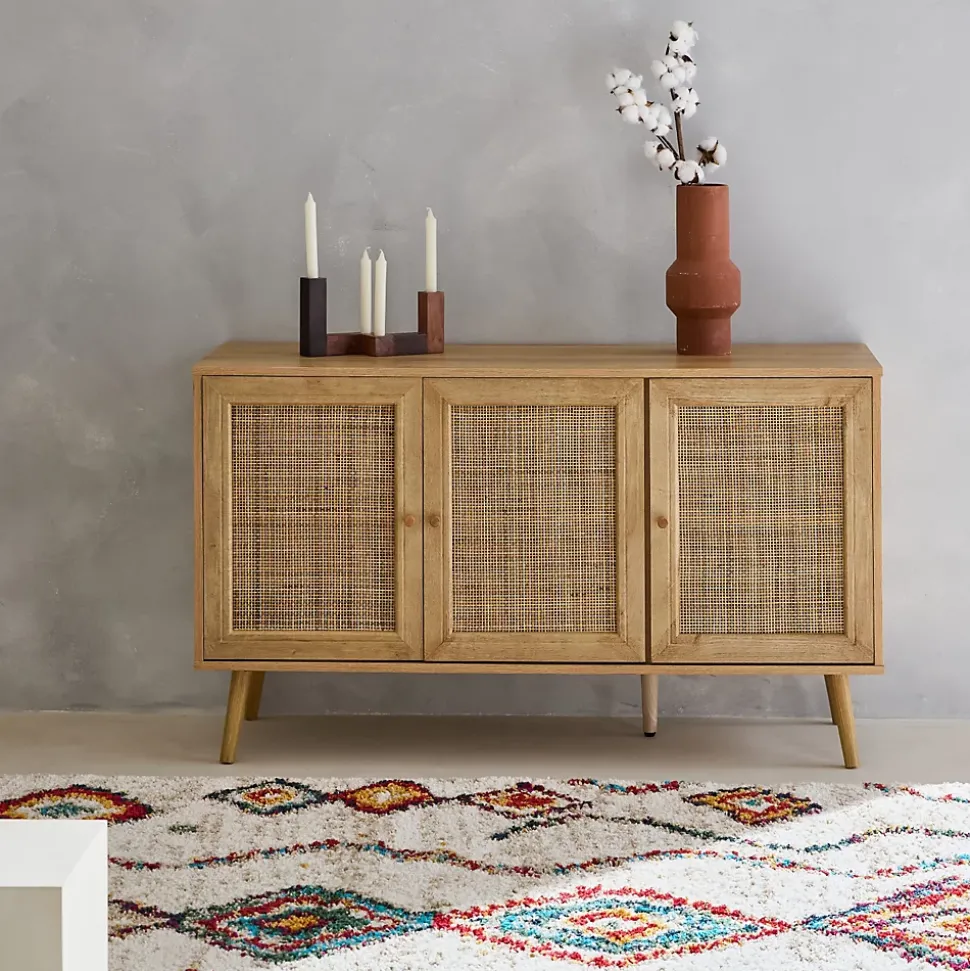 Buffet de rangement en cannage 120x39x70cm - Bohème - 2 niveaux. 3 portes. pieds scandinaves. buffet bas