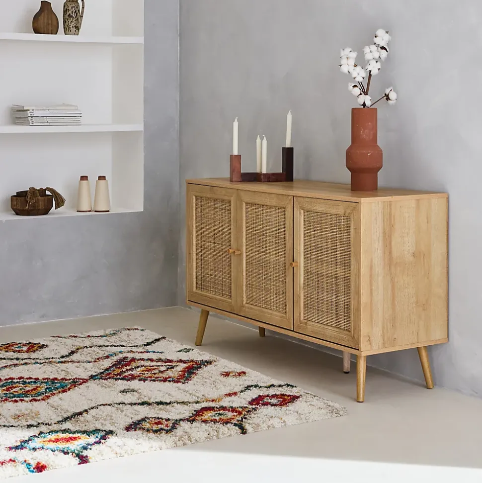 Buffet de rangement en cannage 120x39x70cm - Bohème - 2 niveaux. 3 portes. pieds scandinaves. buffet bas