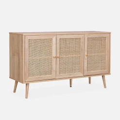 Buffet de rangement en cannage 120x39x70cm - Bohème - 2 niveaux. 3 portes. pieds scandinaves. buffet bas