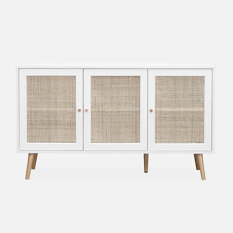 Buffet de rangement en cannage. blanc cassé 120x39x70cm - Bohème - 2 niveaux. 3 portes. pieds scandinaves. buffet bas