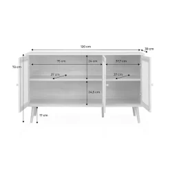 Buffet de rangement en cannage. blanc cassé 120x39x70cm - Bohème - 2 niveaux. 3 portes. pieds scandinaves. buffet bas