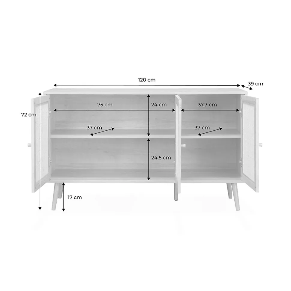 Buffet de rangement en cannage. blanc cassé 120x39x70cm - Bohème - 2 niveaux. 3 portes. pieds scandinaves. buffet bas