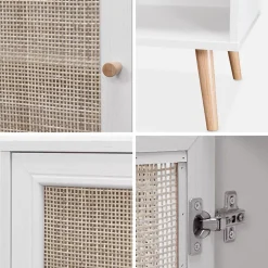 Buffet de rangement en cannage. blanc cassé 120x39x70cm - Bohème - 2 niveaux. 3 portes. pieds scandinaves. buffet bas