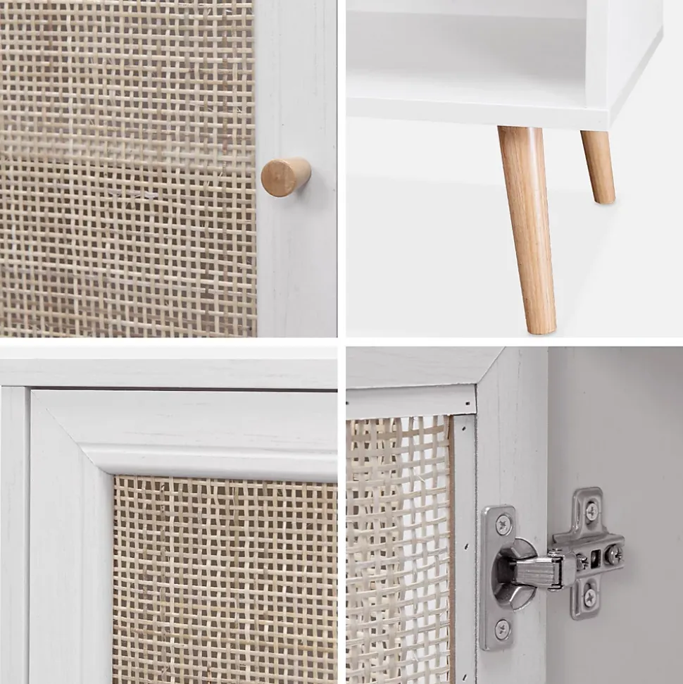 Buffet de rangement en cannage. blanc cassé 120x39x70cm - Bohème - 2 niveaux. 3 portes. pieds scandinaves. buffet bas