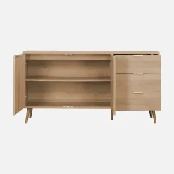 Buffet de rangement. Eva. décor bois et cannage arrondi. 2 portes 3 tiroirs. buffet bas. L 150 x l 39 x H 79cm